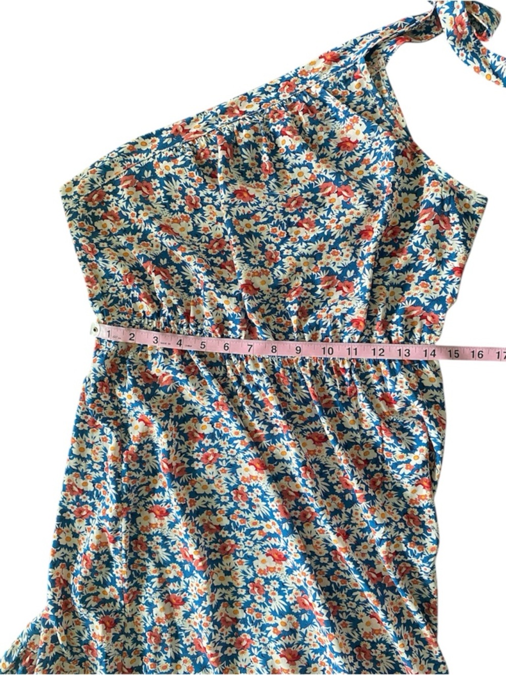 PrettyGarden Blue Boho Floral Tiered One Shoulder Maxi Dress Sz M Coastal Beach - Picture 10 of 12